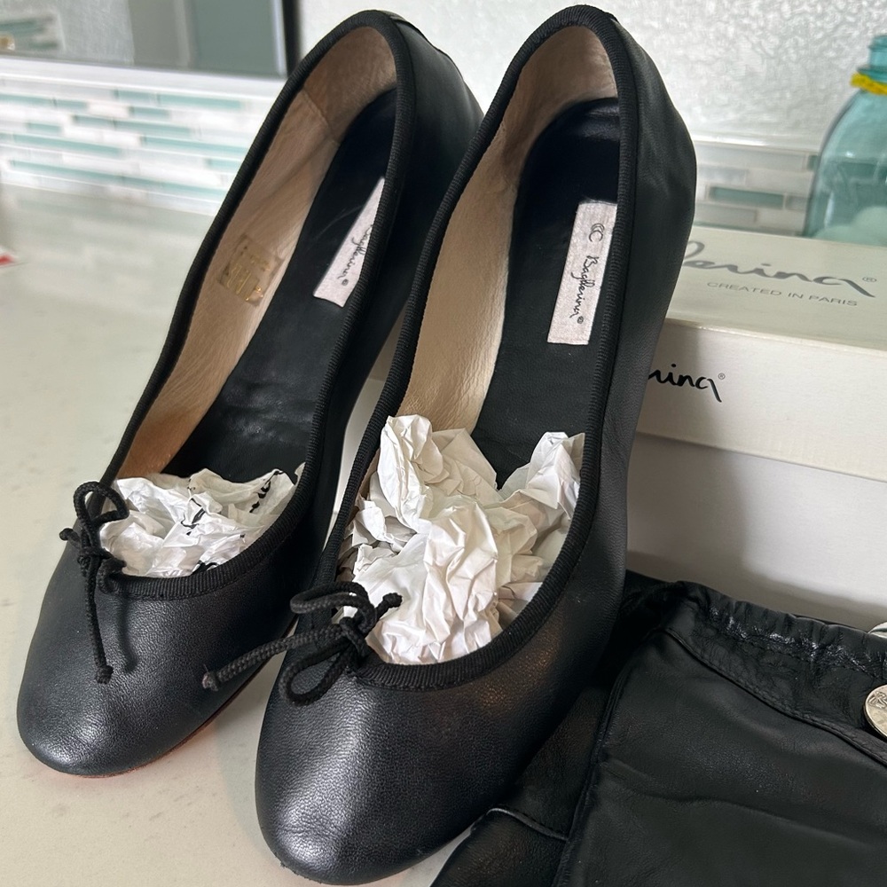 BAGLLERINA Paris black leather ballet flats w/travel bags SZ40 8.5 small 9